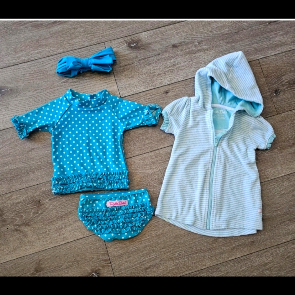 $ Ruffle Butts Blue Polka Dot Rashguard Set With‎ Headband And Cover Up
